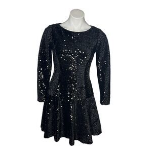 ELIZA J Black Dress Skater Fit and Flare All Over Sequins Long Sleeves Size 4 P
